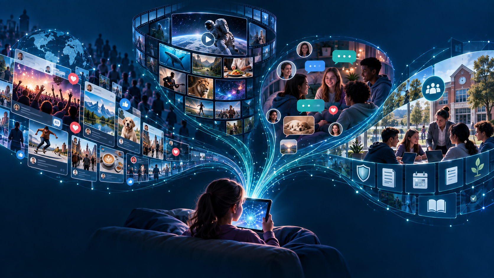Public feeds, video libraries, private groups and school communities branching from one device