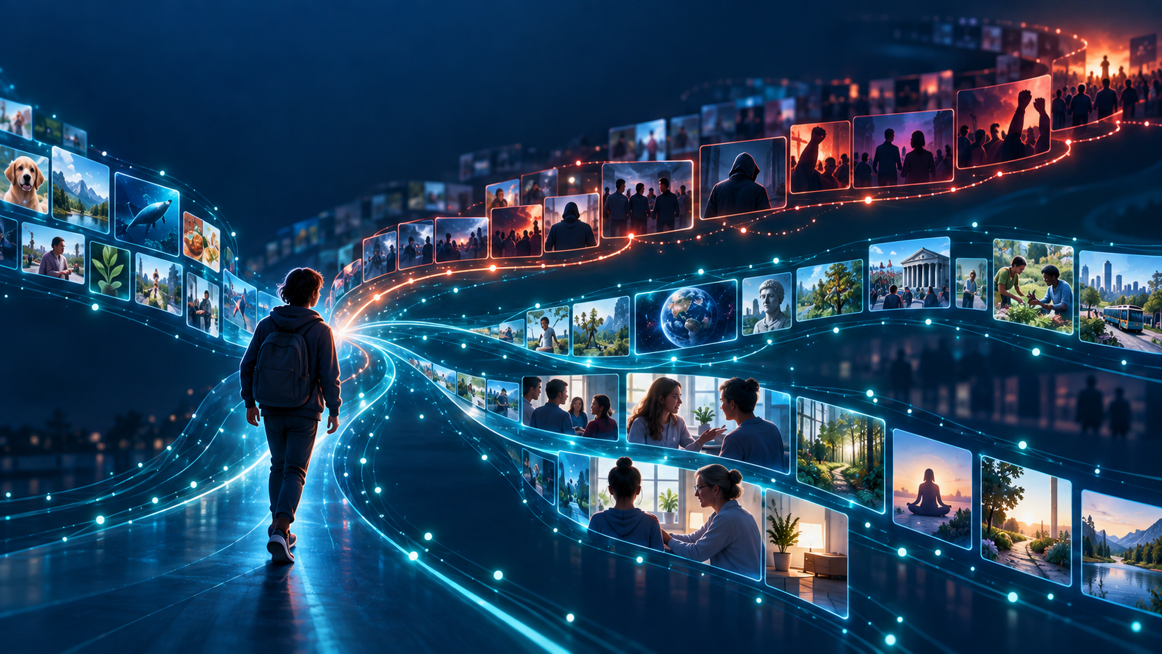 A person facing branching online paths towards escalating material or diverse information and support